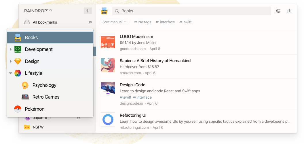 Raindrop.io interface showing a collection navigation menu with categories like Books, Development, and Lifestyle, next to a bookmark list with saved items.