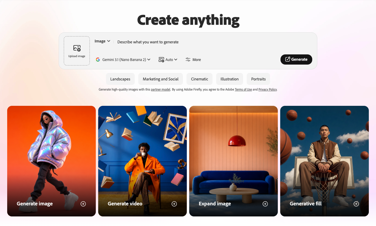 Creation interface with prompt bar, image upload, model selector, generate button, style tags, and cards for generating image, video, expand, and fill.