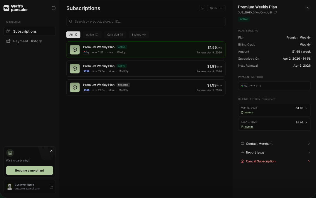 Customer portal showing subscription lists, plan status, renewal dates, payment methods, billing history, and subscription cancellation.