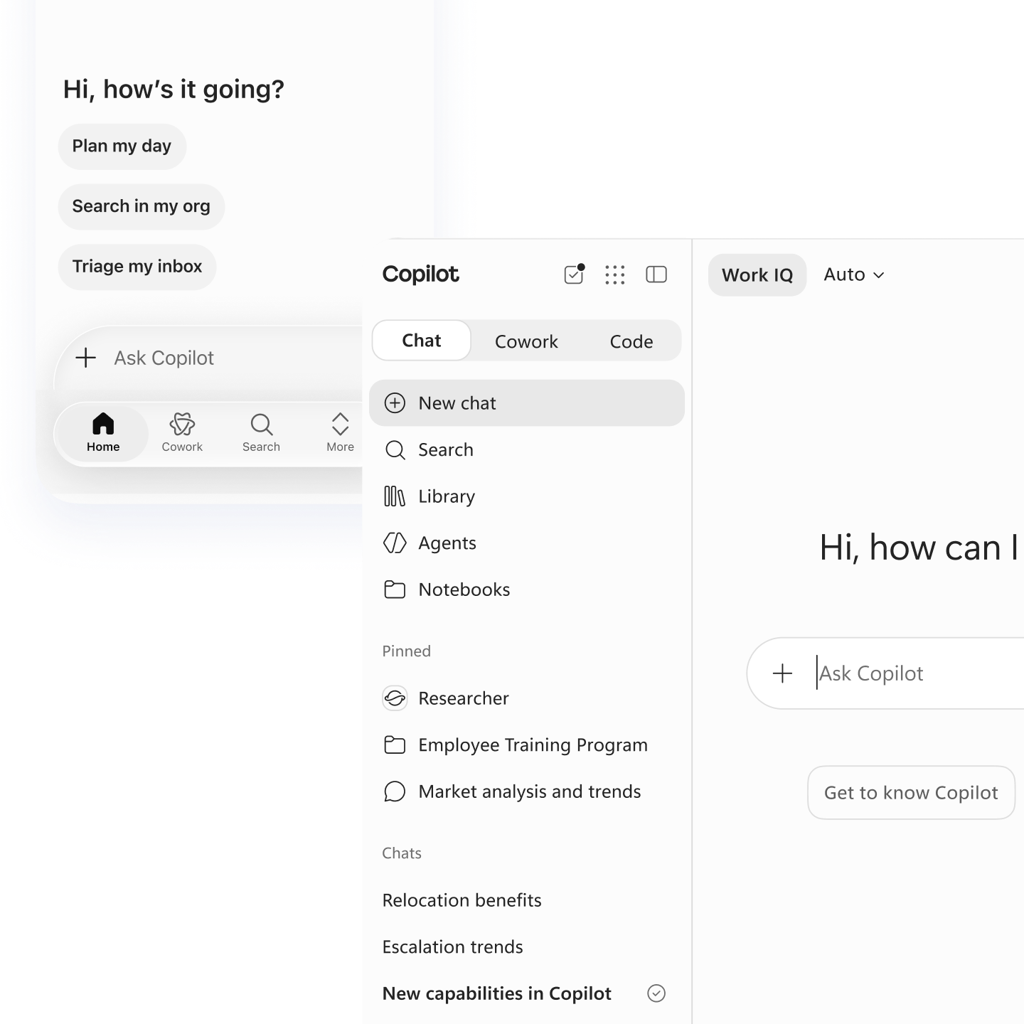 Desktop and mobile Copilot interface showing navigation for Chat, Cowork, Code, Search, Library, Agents, and Notebooks alongside quick prompt buttons.