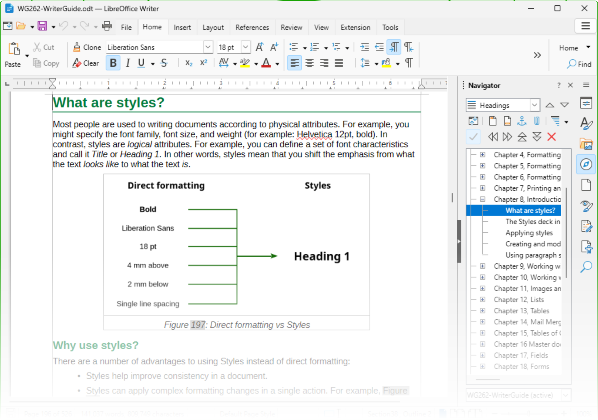 LibreOffice Writer editing a formatted guide, with document headings displayed in the Navigator sidebar.