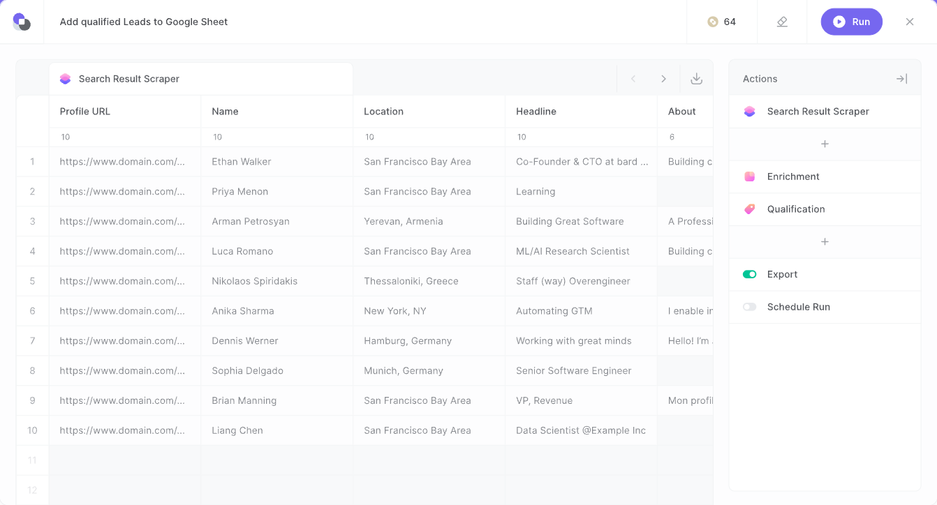 Bardeen interface displaying a table of scraped lead profiles and an actions sidebar with search result scraping, enrichment, qualification, and export steps.
