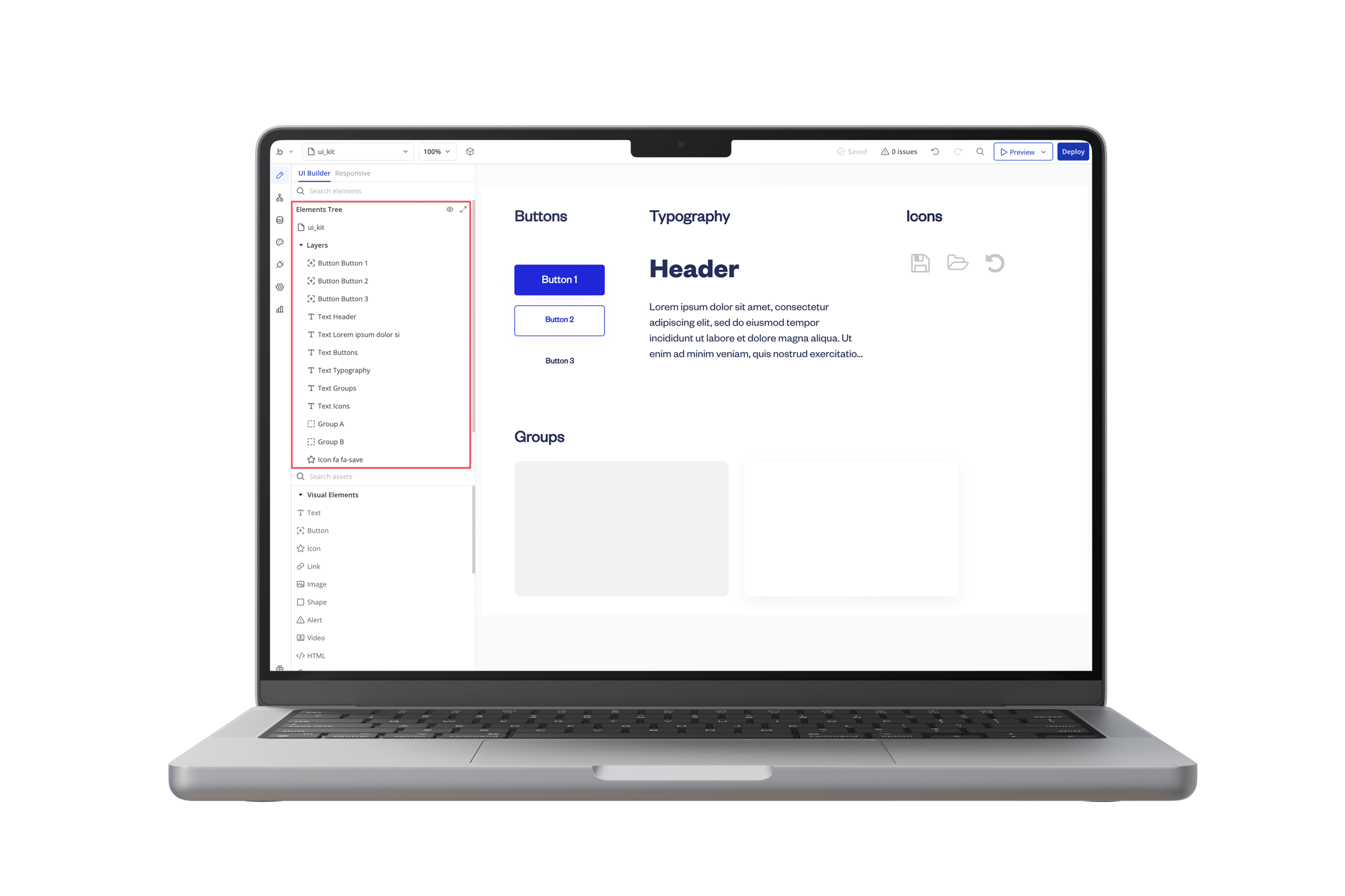 Arrange visual elements and navigate the element tree in the Bubble design editor.