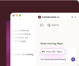 Superhuman Go window displaying an Agents header, connected email account chip, and a text prompt field to summarize an email thread.