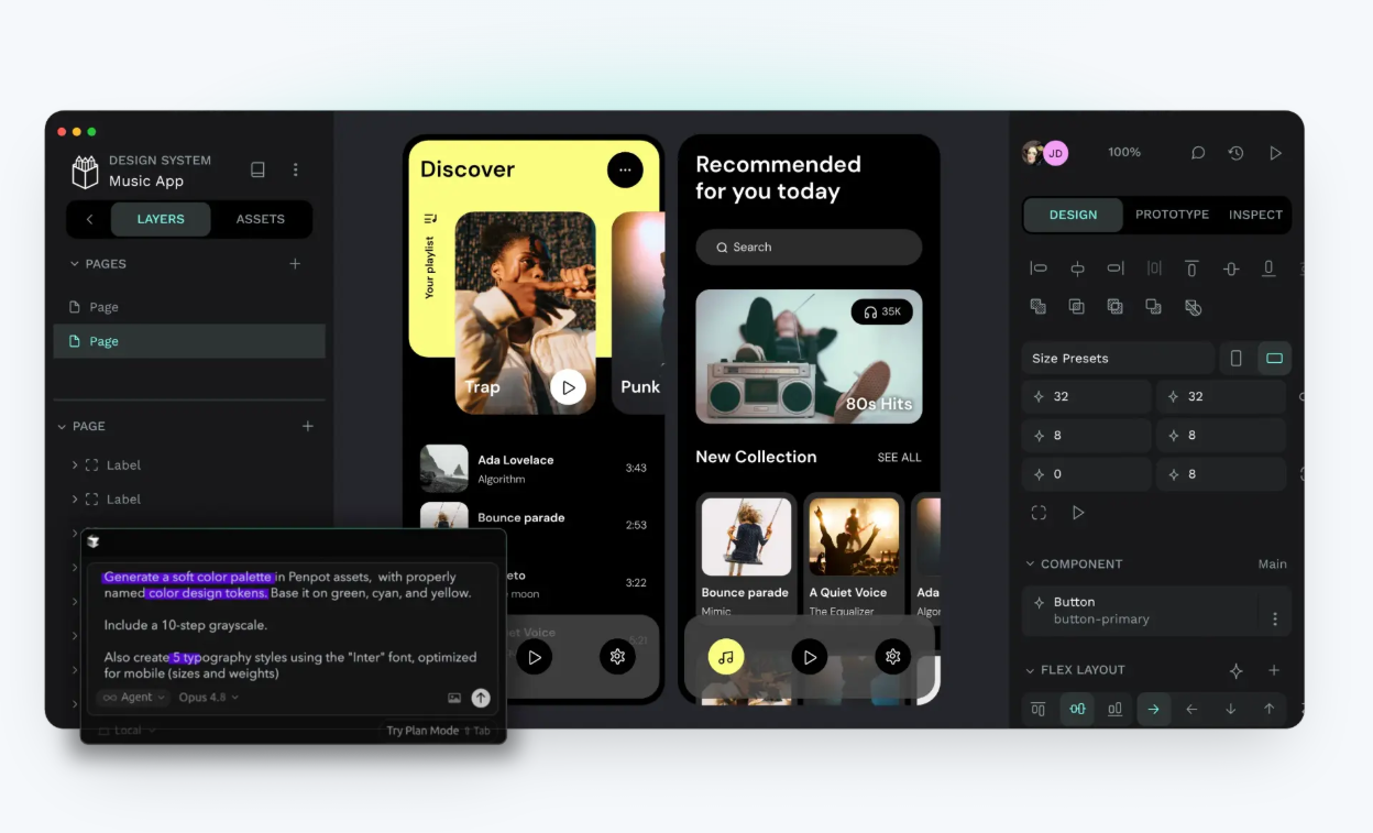 Penpot design editor interface showing mobile app artboards, layer navigation, design property controls, and an AI prompt dialog.