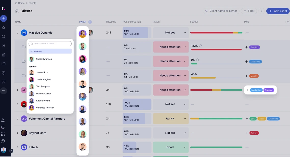 Clients management table showing client accounts, project hierarchy, owner assignment popover menu, task completion rates, health statuses, and budget indicators.