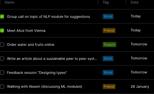 Task list view in Anytype showing tasks with completion checkboxes, colored tags, and due dates in dark mode.