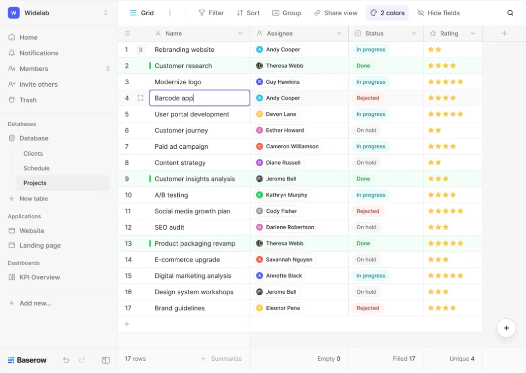 Baserow grid view showing project records with name, assignee, status, and rating fields.