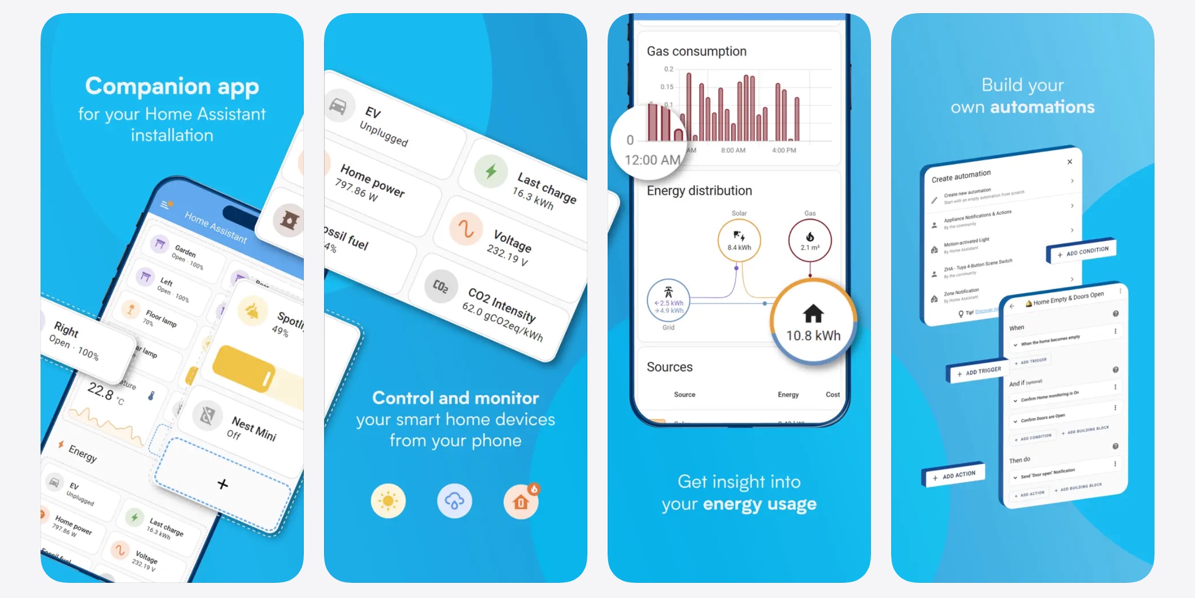 Promotional app screens showing device controls, energy monitoring, and an automation builder.