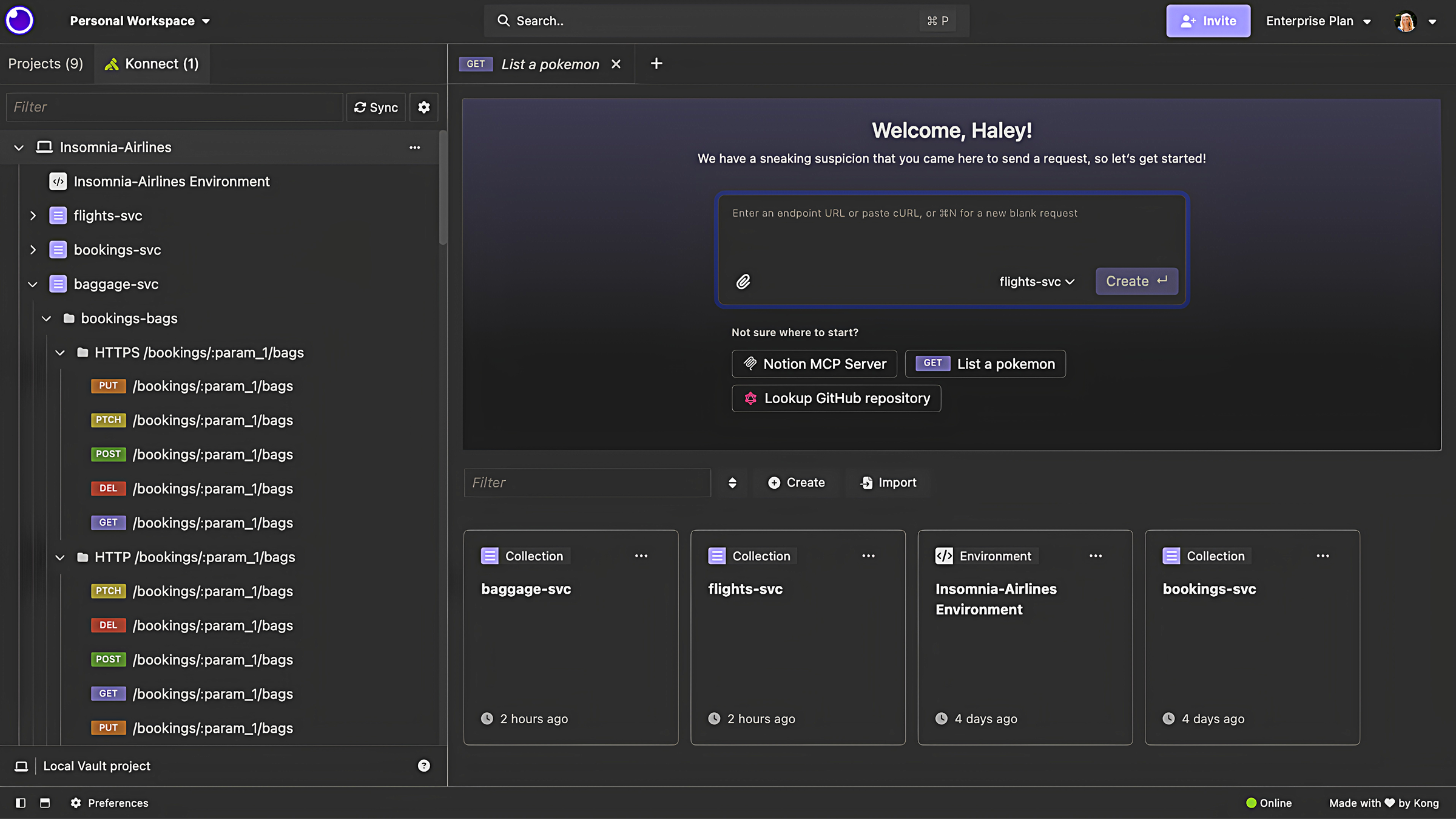Insomnia workspace showing API collections, request groups, environments, and project cards in the desktop interface.