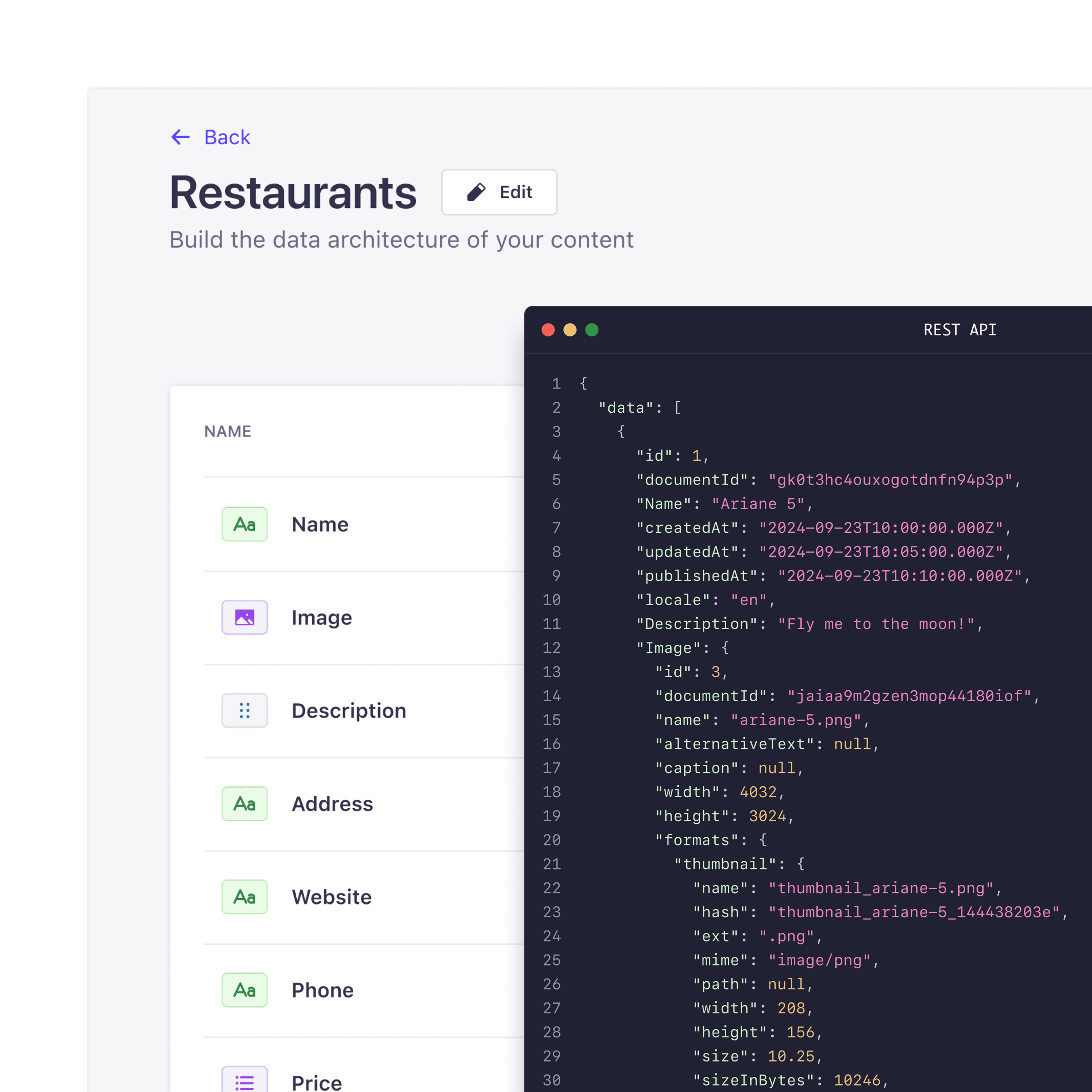 Strapi content-type builder showing restaurant fields beside a REST API response preview.