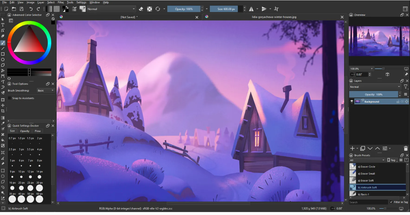 Krita application window featuring the canvas and dockers for the Advanced Color Selector, Tool Options, Quick Settings, Layers, and Brush Presets.
