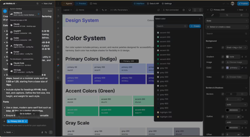 WeWeb visual editor displaying an AI assistant panel on the left, a design system color palette canvas in the center, and a styling properties panel on the right.