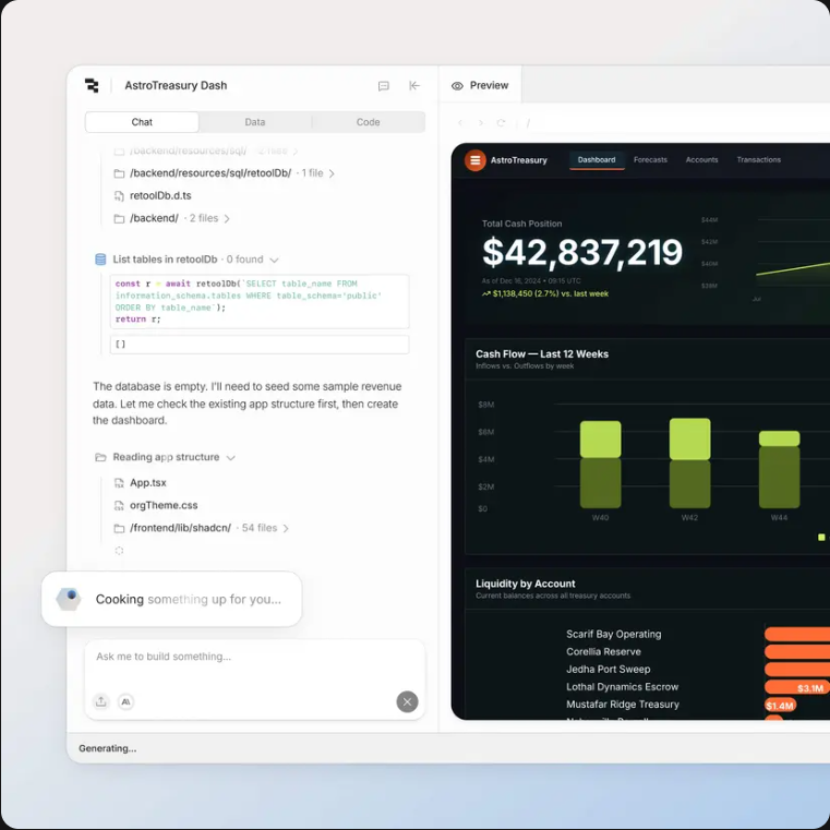 Retool app builder showing an AI chat panel on the left and a live preview of an AstroTreasury financial dashboard on the right.