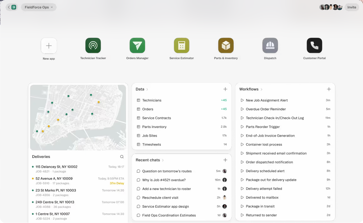 GlideOS interface showing the FieldForce Ops project with connected apps, a delivery map and list, data tables, recent chat threads, and workflows.