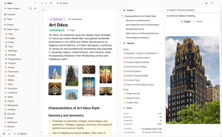 Capacities desktop application displaying a sidebar with object types, an Art Déco document editor, and panels for outline and connected objects.