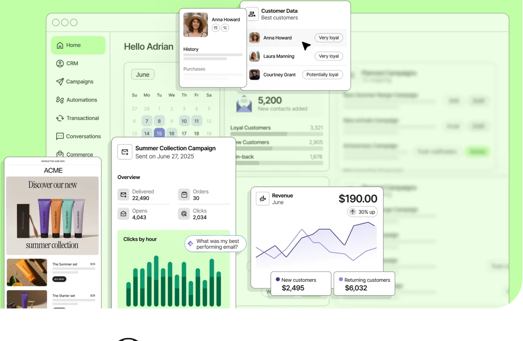 Brevo dashboard with campaign analytics, customer data, revenue reporting and an email preview.