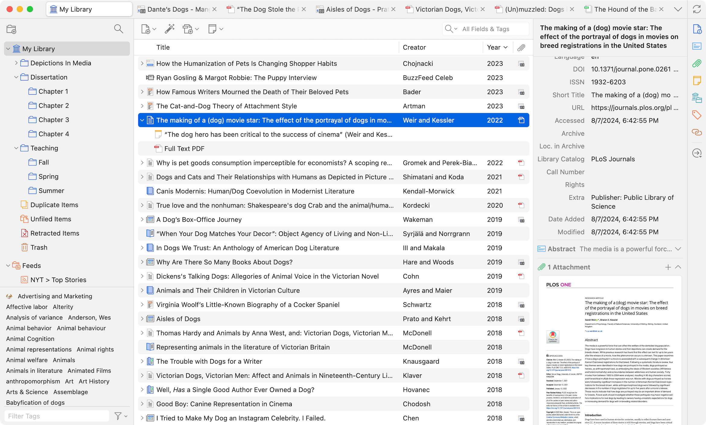 Desktop library with collections and tags, a research item list, bibliographic details, and an attached PDF preview.