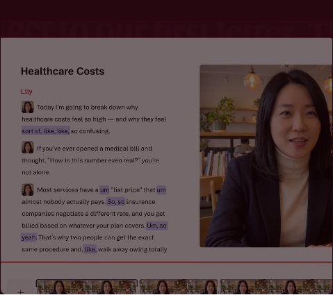 Text transcript panel with highlighted filler words alongside a video preview player and timeline thumbnails.