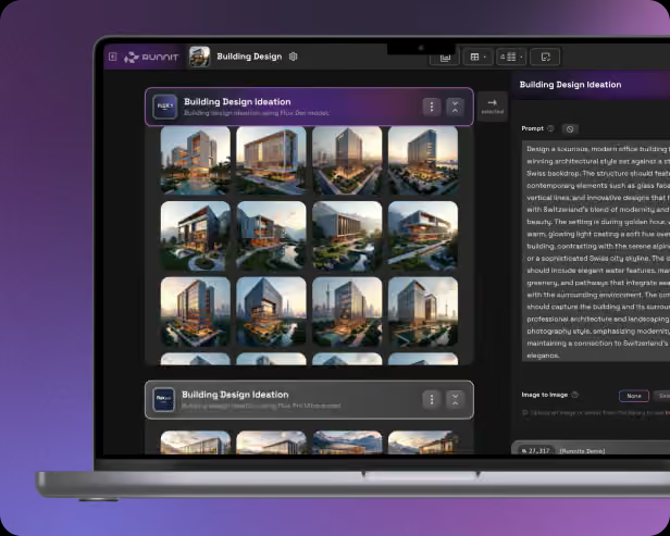 Runnit workspace interface showing a grid of generated architectural images and a right-hand sidebar with prompt text and generation parameters.