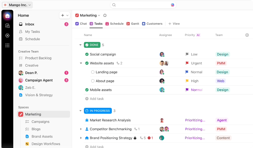 Task management view in the Marketing space showing tasks grouped by Done and In Progress statuses with columns for Assignee, Priority AI, and Team.