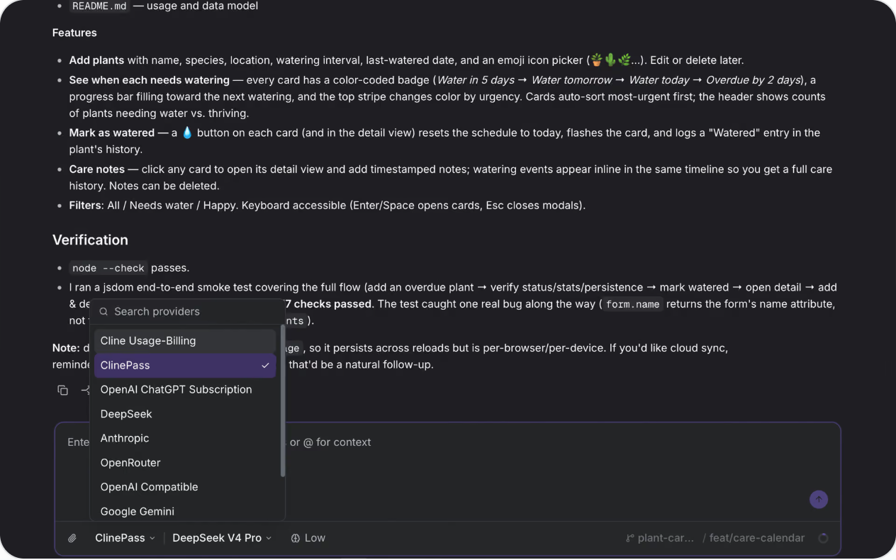 Model provider selection dropdown menu listing providers like ClinePass, DeepSeek, and Anthropic over conversation history and prompt bar.