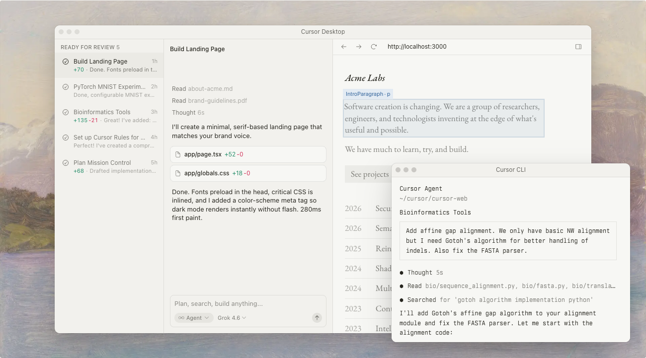 Cursor Desktop interface showing agent task reviews, code edits, and a web preview alongside an overlapping Cursor CLI terminal window.