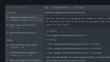 Zed interface showing project threads in the left sidebar and an agent prompt with thinking steps and file operations in the main pane.