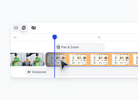 Video editing timeline interface displaying video clips, a playhead, pan and zoom overlay, and a voiceover track.