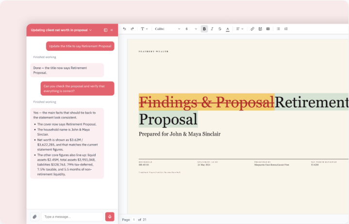Feathery document editor interface displaying an AI assistant chat panel on the left and an editable proposal document with formatting controls on the right.