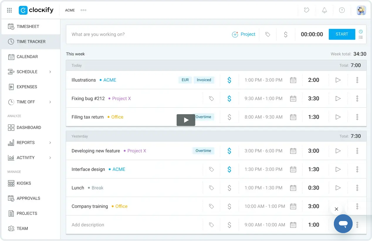 Clockify web application Time Tracker interface with a timer bar, daily time entry logs with project tags and durations, and a left navigation sidebar.