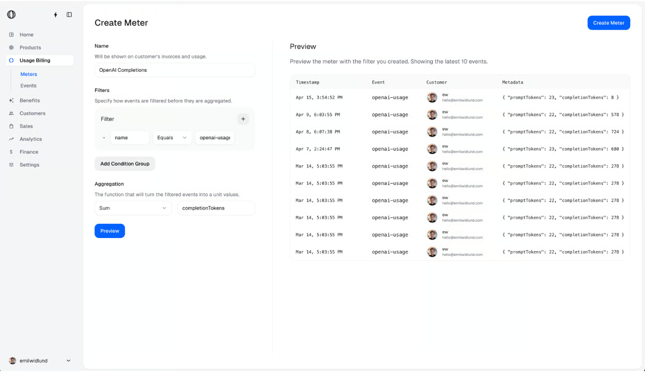 Polar dashboard interface for creating a meter with name, event filters, aggregation function settings, and an event preview table.