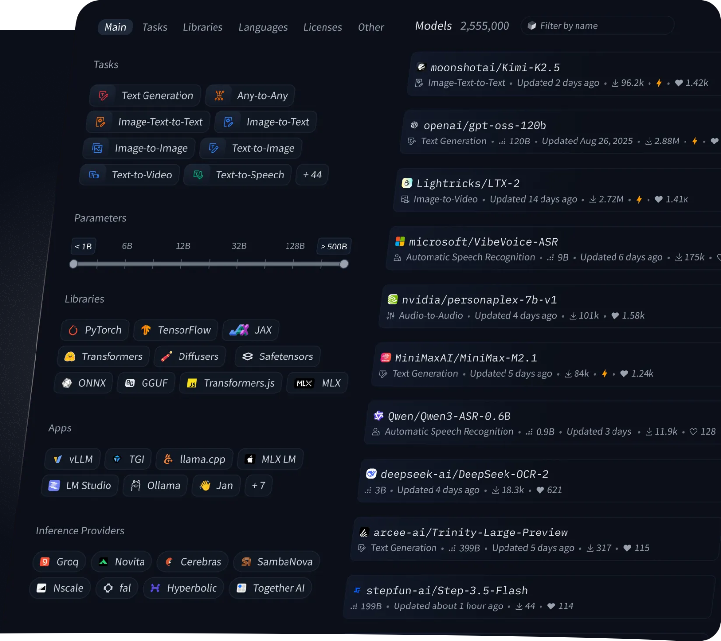 Model repository explorer interface displaying task filters, parameter size controls, library tags, inference providers, and listed machine learning models.