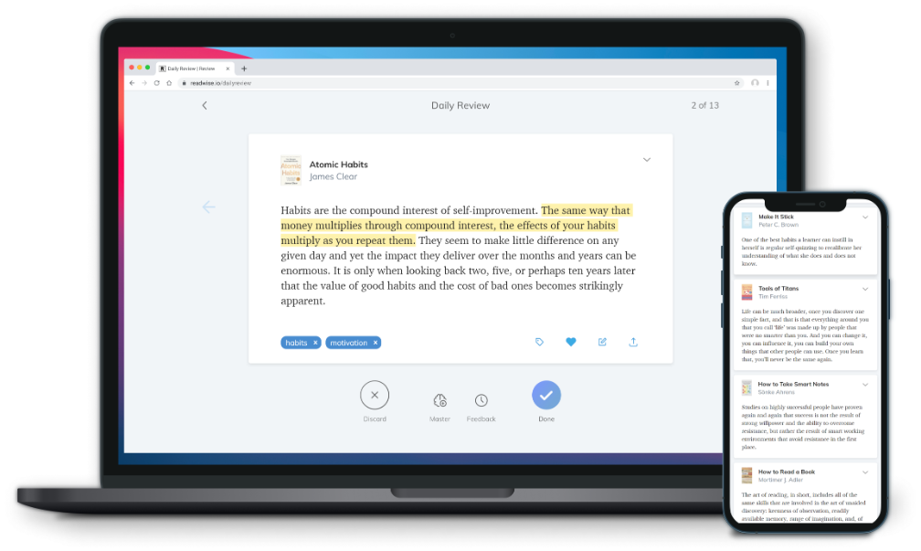 Daily Review interface displayed on desktop and mobile screens, showing book highlights, tags, and review action buttons.