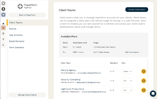 Paperform Agency+ client teams dashboard displaying plan limits, usage stats, and a list of client accounts with member counts and plan assignments.