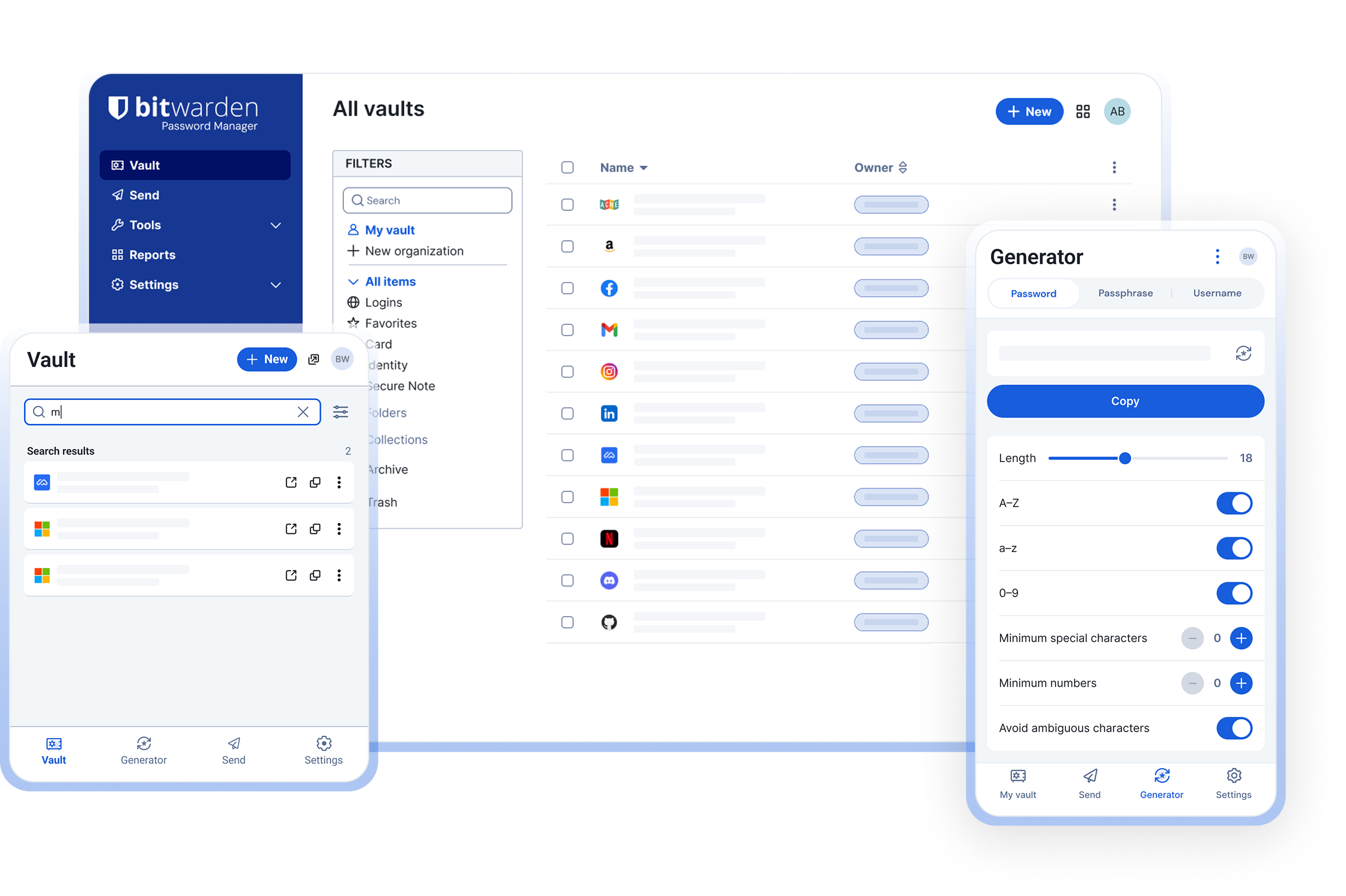 Vault list, search results, and password generator interfaces shown across desktop and mobile views.