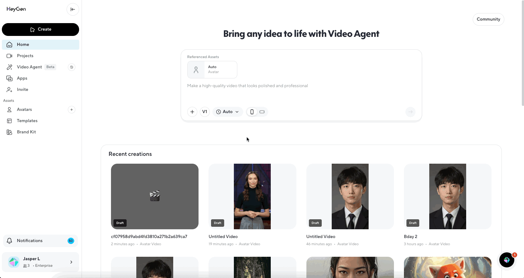 HeyGen workspace with the Video Agent prompt, avatar options, and recent video projects, as shown in its official help guide.