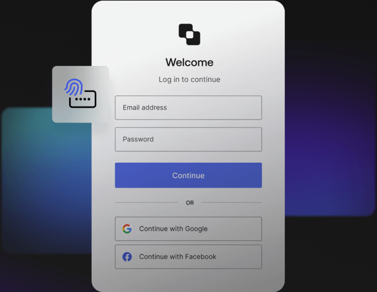 A hosted login interface with email and password fields, a primary Continue button, and Google and Facebook sign-in options.
