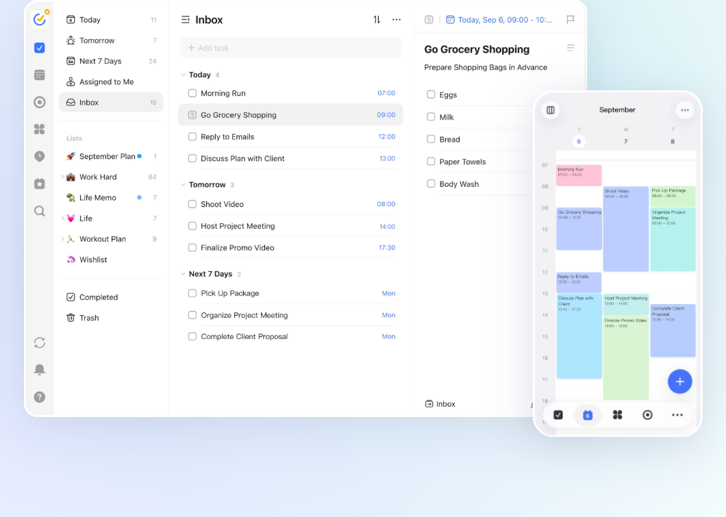 Desktop interface displaying task lists, categorized Inbox tasks, and a task checklist alongside a mobile schedule view.