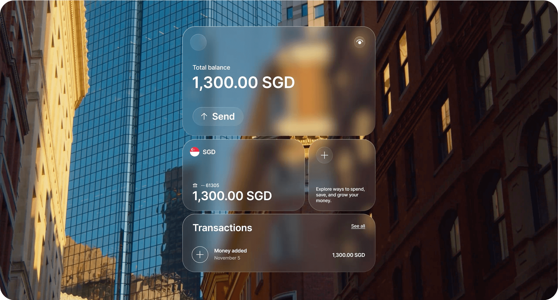 Wallet interface showing a total balance in SGD, a Send button, a currency account and a transactions list.