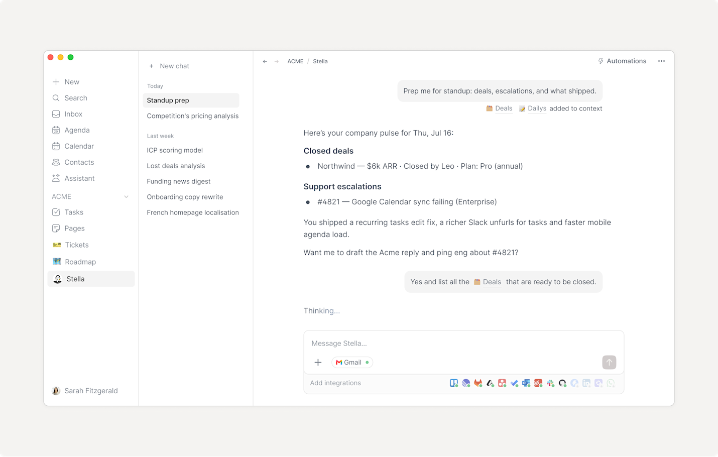 Routine AI assistant interface showing a chat conversation with the Stella agent, including standup preparation notes, closed deal summaries, and integration shortcuts.