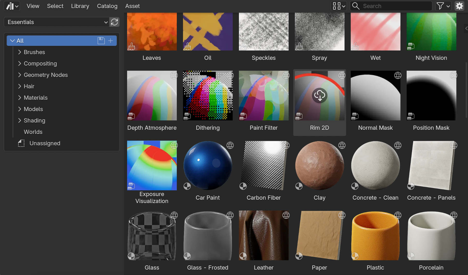 Blender’s Asset Browser showing categorized online assets, including compositing effects, materials, textures, and surface presets.