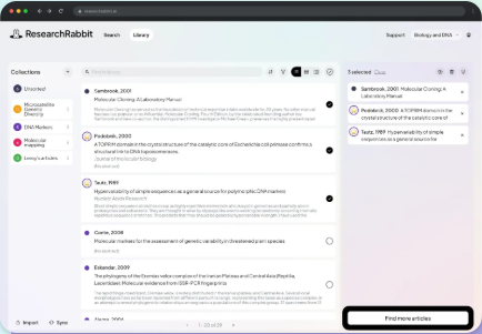 ResearchRabbit library interface showing collections in the left sidebar, a list of articles with selection checkboxes in the center, and a selected articles panel on the right.