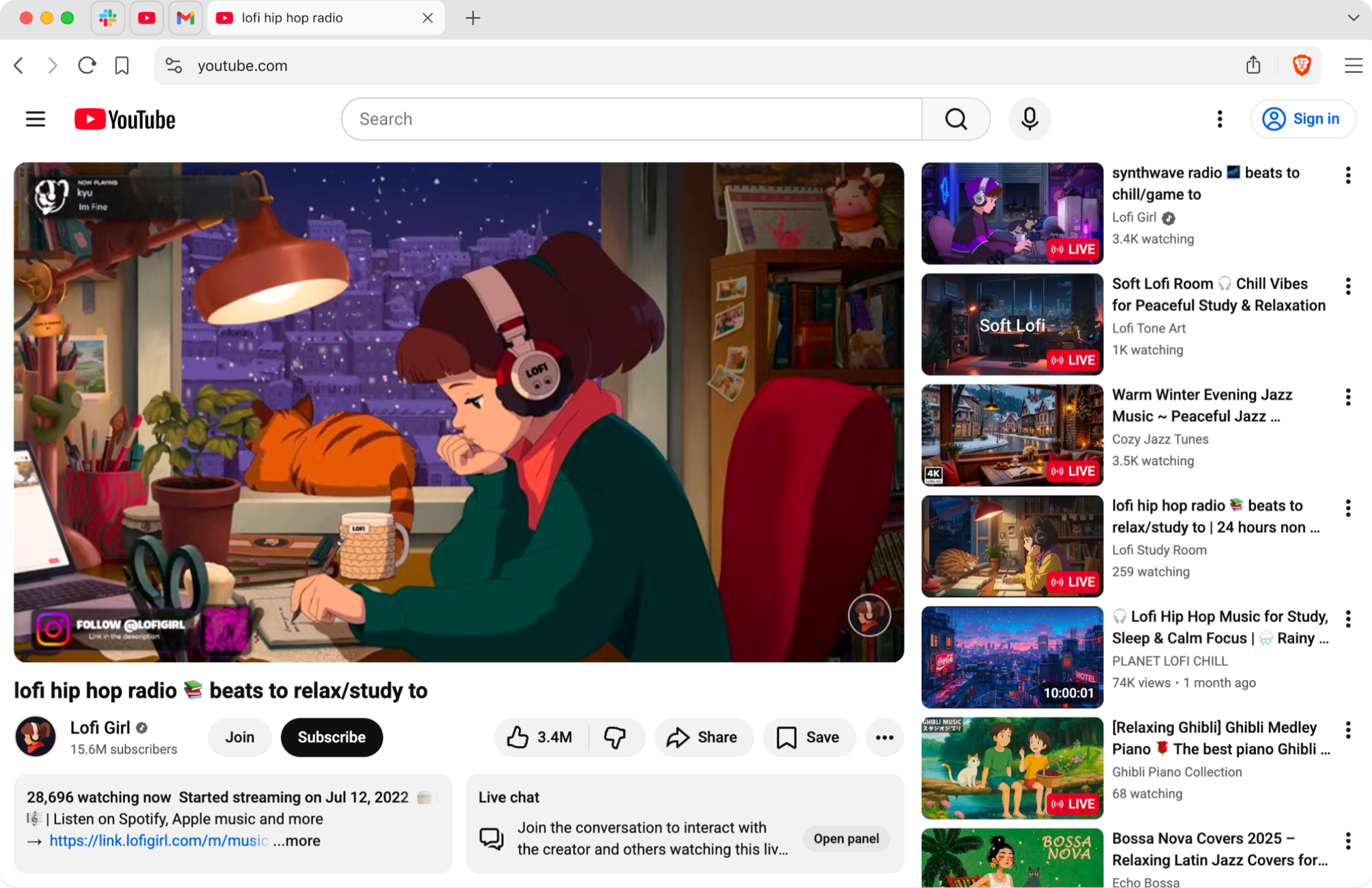 Brave desktop browser displaying a YouTube video page, with tabs, address bar, video controls, and recommended videos.