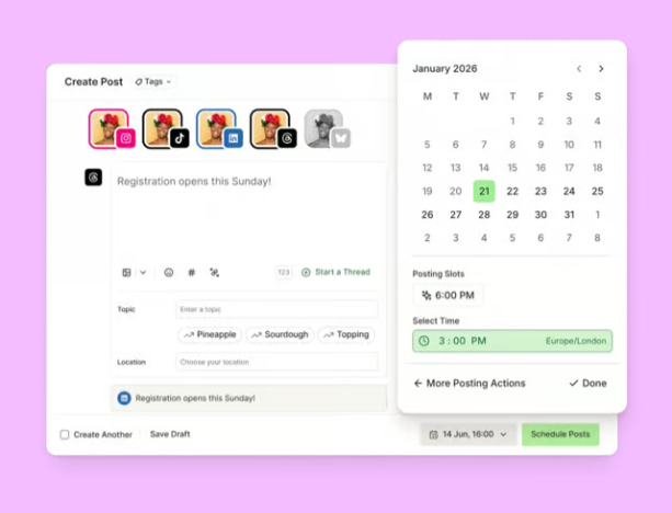 Post composer interface with social channel selectors, text box, topic tags, and a scheduling calendar with posting time slots.