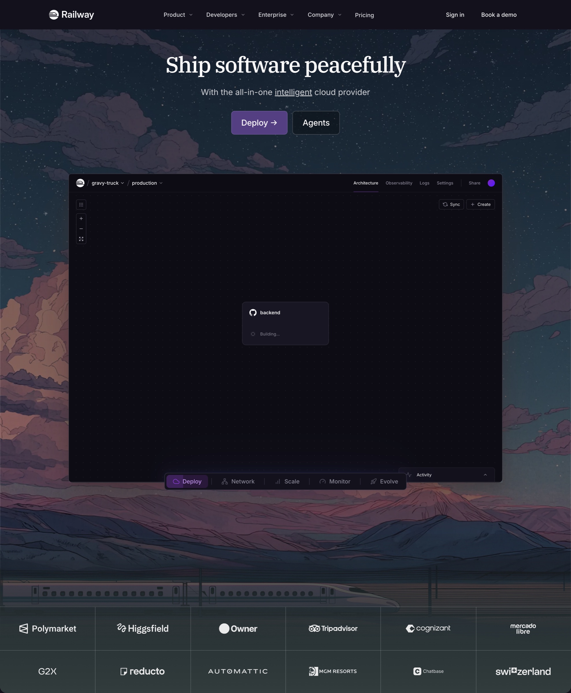 Railway’s dark deployment dashboard shows an architecture canvas with a backend service building, navigation tabs, and deployment controls.