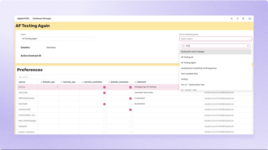 Contract group configuration interface showing name and country fields, a searchable contract group dropdown, and a preferences table with checkboxes and comments.