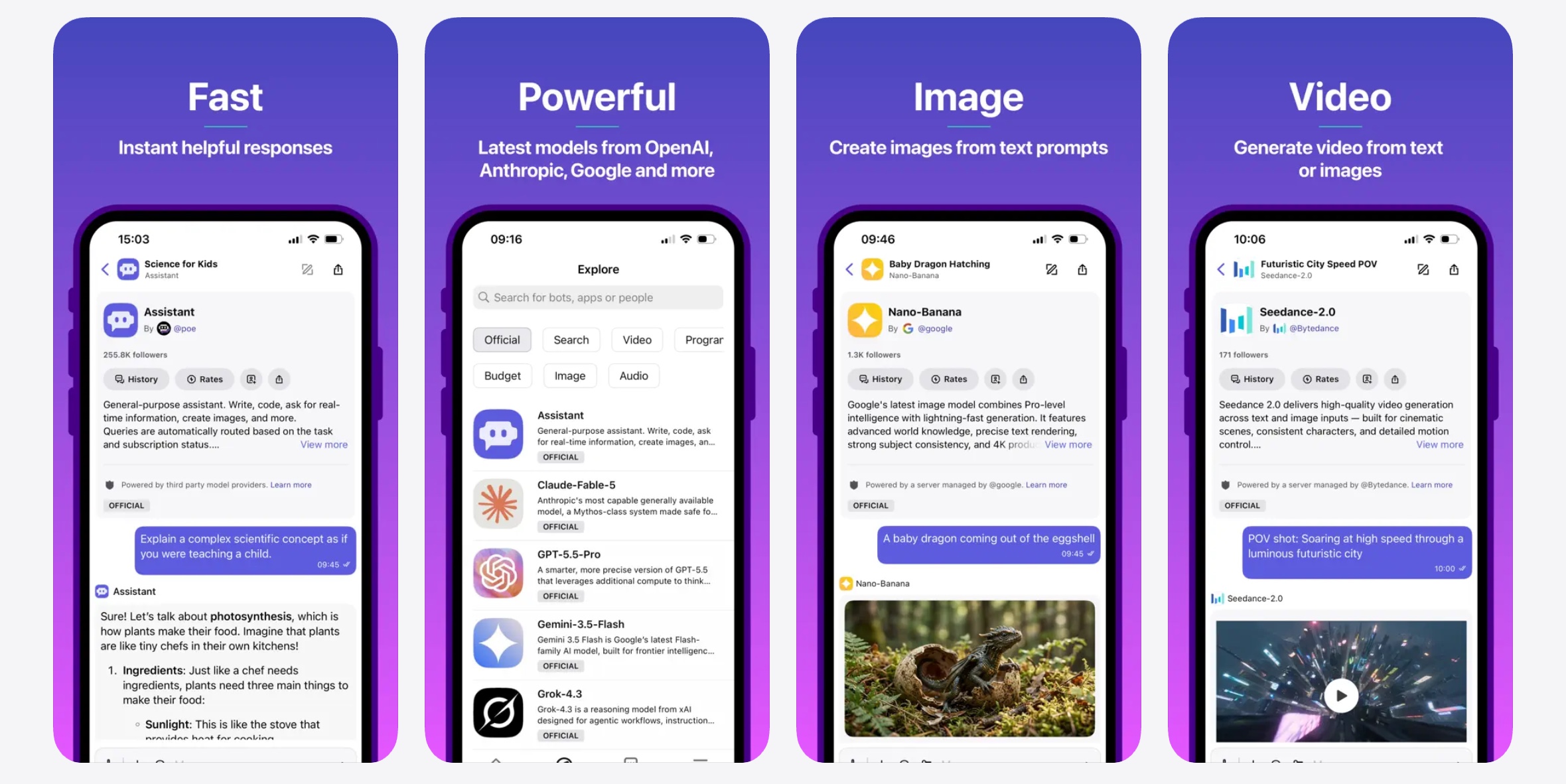 Mobile app interface displaying chat with an AI assistant, bot directory explore tab, text-to-image generator, and AI video generator screens.