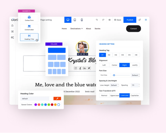 Dorik visual builder interface showing responsive design toggles, element additions, column layout picker, and heading styling controls.