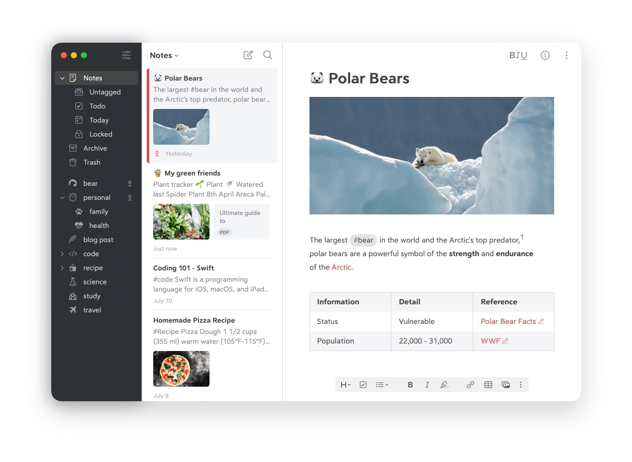 Bear's macOS interface showing the navigation sidebar with tags, note list with previews, and editor displaying a note with an image, formatted text, and a table.